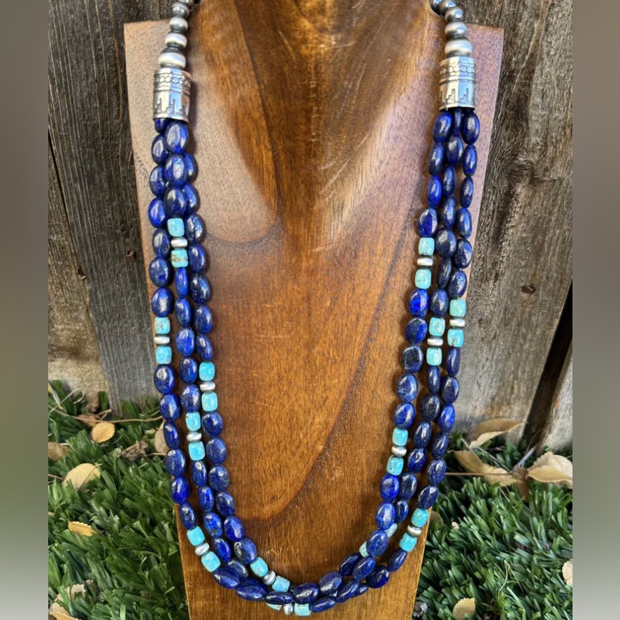 Sterling Silver Multi Strand Lapis Turquoise Pearls Bead Necklace. 24 Inch